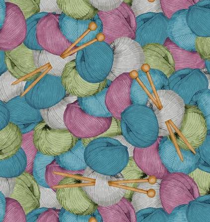 Stricken Wolle lila grau blau Stricknadeln Patchworkstoff