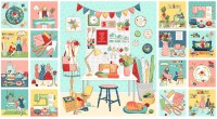 Nähmotive Nähmaschine Schneiderpuppe Panel Patchworkstoff