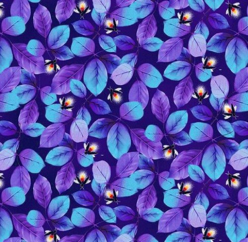 Glühwürmchen Blätter blau violett Baumwollstoff