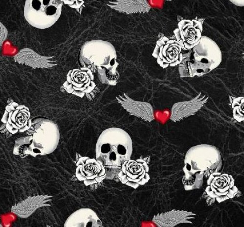 Totenköpfe Herzen Flügel Patchworkstoff