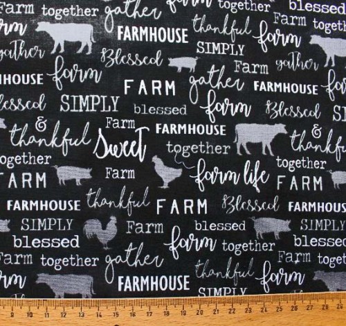 Bauernhof Schrift schwarz Patchworkstoff