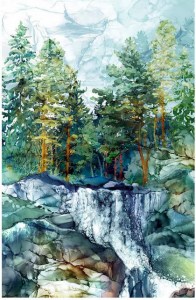 Wasserfall Wald Patchworkstoff Panel